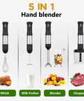 5-In-1 Cordless Immersion Blender With Rechargeable Battery Slick Handheld Mixing Wand For Soups And Smoothies Zero Cords Attached Wireless Tool For Fast Prep At Home Or On The Go Durable Compact Go Ready Pick with whisk, milk frother, blender, and chopper features.
