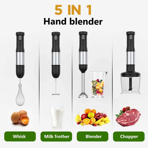 5-In-1 Cordless Immersion Blender With Rechargeable Battery Slick Handheld Mixing Wand For Soups And Smoothies Zero Cords Attached Wireless Tool For Fast Prep At Home Or On The Go Durable Compact Go Ready Pick with whisk, milk frother, blender, and chopper features.