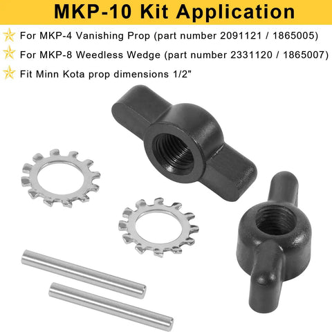 Six Pack MKP 10 Prop And Nut Kit B For Half Inch Prop Shafts Fits Four Inch Diameter Trolling Motors Includes Prop Nut And Washer Replacement Set For 12V 24V And 36V Systems components displayed