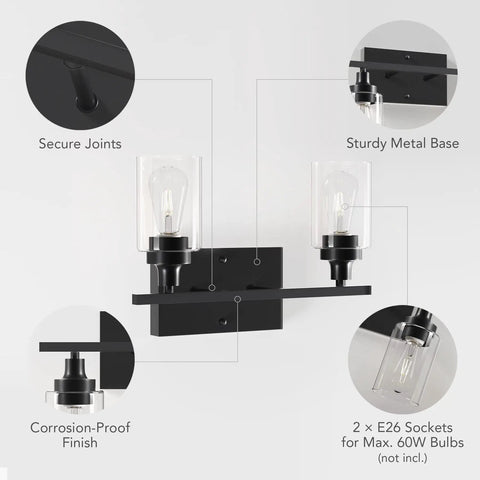 2 Light Black Industrial Bathroom Vanity Light Over Mirror Wall Sconce With Clear Glass Shades showing features and E26 sockets
