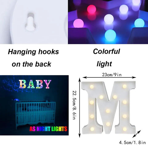 Marquee Letter Lights With Remote, 18 Color Changing RGB Alphabet Letters Sign showing lighted M and hanging hook detail