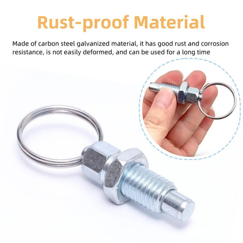 Four Pack Beefy Carbon Steel Indexing Plungers Featuring Retractable Spring Loaded Pull Rings M10 Thread Quick Detent Pins, showing a rust-proof galvanized plunger.