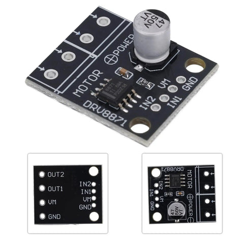 Beefy H Bridge DC Motor Driver Module With PWM Control From 6.5 To 45V Range And 3.6A Peak Current Perfect For Robotics DIY Projects Delivers Low RDS On For Smooth Dope Motor Performance. Black DRV8871 PCB motor driver module with capacitor and screw holes