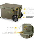52 Quart Ultra Light Wheeled Cooler Insulated Ice Chest For Beach Camping Fishing Picnics And Boating With All Terrain Wheels Easy Push And Pull Mobility Premium Ice Retention 30 Percent Lighter Than Rotomolded Coolers Olive with built-in bottle opener and silicone T-latches