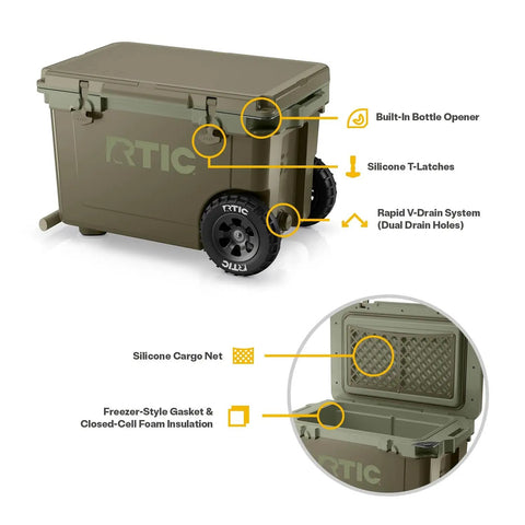 52 Quart Ultra Light Wheeled Cooler Insulated Ice Chest For Beach Camping Fishing Picnics And Boating With All Terrain Wheels Easy Push And Pull Mobility Premium Ice Retention 30 Percent Lighter Than Rotomolded Coolers Olive with built-in bottle opener and silicone T-latches