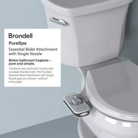 Toilet with PureSpa Easy Non Electric Bidet Attachment With Self Cleaning Nozzles Easy Install Adjustable Spray Backflow Prevention And Ceramic Core Unibody Valve installed on seat.