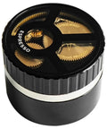 Slick 58mm Coffee Distributor Needle With Geared Spinning Action And Sturdy Black Base, top view of espresso leveler in black and gold.