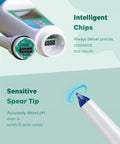 Close-up of digital PH meter for food with dual sensors showing intelligent chips and sensitive spear tip for precise results.