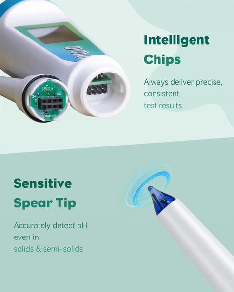 Close-up of digital PH meter for food with dual sensors showing intelligent chips and sensitive spear tip for precise results.