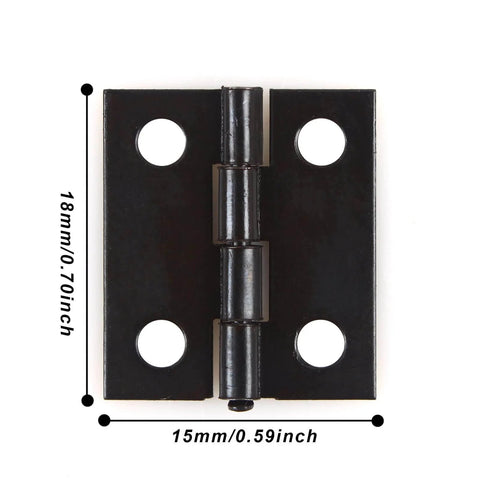 Front view of tiny 18x15mm wooden box hinges set with 200 screws for DIY jewelry boxes black small folding butt hinges retro style hardware