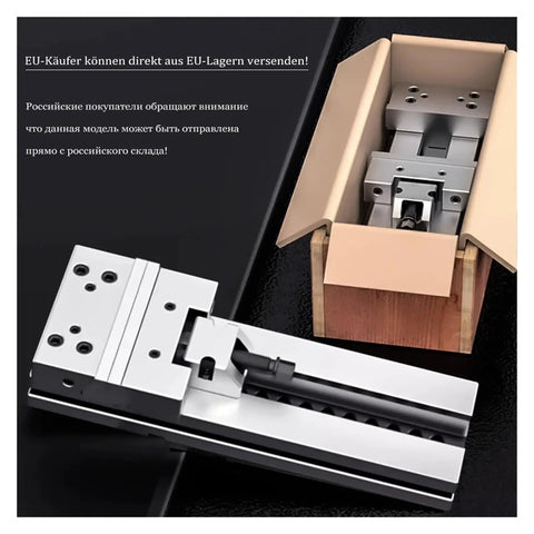Top Shelf 6 Inch Bench Vise With Linear Guide Rail Clamping Vice CNC Machine Tool Holder shown in packaging with smooth sliding rail.