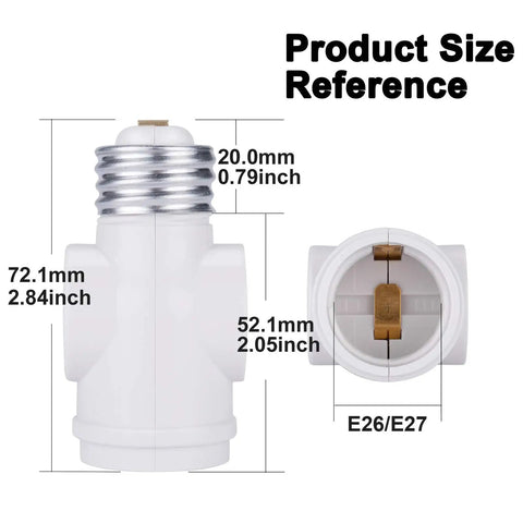 UL Listed E26 To Two Prong Polarized Outlet Splitter And Bulb Socket Adapter with size dimensions in inches