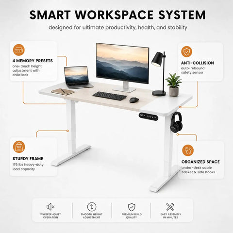 Zero Stress Oak Electric Standing Desk Featuring Four Memory Buttons Plus Child Lock Safety For Seamless One Button Height Adjustment In Your Everyday Home Office Setup with monitors and keyboard.
