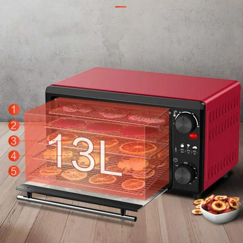 Top Notch 5 Layer Food Dehydrator With Mute No Sweat Drying Cycle And Easy Peasy 24 Hour Timer showing 13L capacity and drying trays.