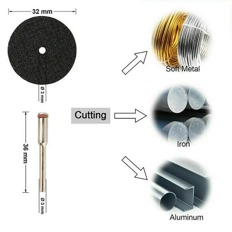 Pro Grade 30 Piece Cutting Wheel Set showing resin cutting wheel with dimensions cutting soft metal, iron, and aluminum.