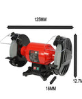 Built Tough Five Inch Bench Grinder Offering Variable Speed Control And Dual Grinding Wheels For Serious Metal Tool Maintenance Featuring Adjustable Eye Shield, side view with dimensions.