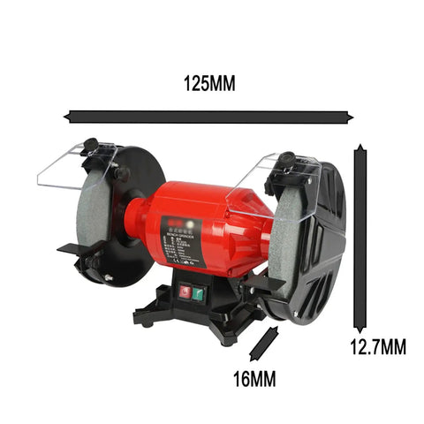 Built Tough Five Inch Bench Grinder Offering Variable Speed Control And Dual Grinding Wheels For Serious Metal Tool Maintenance Featuring Adjustable Eye Shield, side view with dimensions.