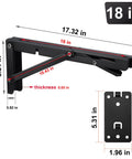 Tough As Nails 18 Inch Folding Shelf Brackets Two Pack shown in detailed measurements, premium black cast iron construction.