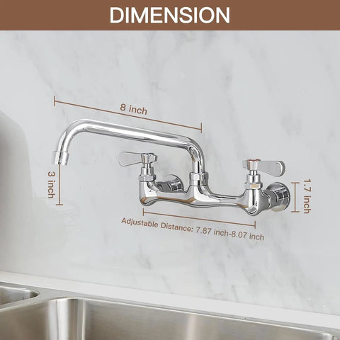 Beefy Workhorse Wall Mount Kitchen Faucet With 8 Inch Swivel Spout Dual Handle Chrome Industrial Mixer Tap dimensions shown
