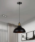 Black Industrial Metal Pendant Light, E26 Curvy Adjustable Ceiling Fixture hanging in a modern interior with curtains.