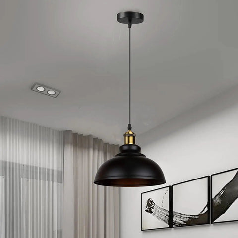 Black Industrial Metal Pendant Light, E26 Curvy Adjustable Ceiling Fixture hanging in a modern interior with curtains.