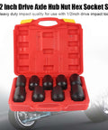 Heavy Duty 9-Piece Impact Rated Hex Socket Set For 1/2 Inch Drive Axle Hub Nuts Made From Hardened Chrome Steel Perfect For Pro Mechanic Tool Kits, red case open with sockets