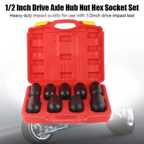 Heavy Duty 9-Piece Impact Rated Hex Socket Set For 1/2 Inch Drive Axle Hub Nuts Made From Hardened Chrome Steel Perfect For Pro Mechanic Tool Kits, red case open with sockets