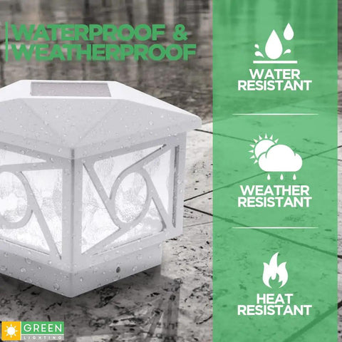 White geometric square solar post cap light on wet surface, highlighting waterproof, weather, and heat resistance features.