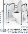 Heavy Duty Toilet Safety Rails Height Adjustable Foldable Frame Zero Hassle Setup For Seniors Handicap And Elderly Users Rigged Tough Holds Up To 350 Lbs with adjustable height from 27 to 32 inches.