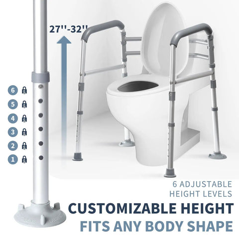 Heavy Duty Toilet Safety Rails Height Adjustable Foldable Frame Zero Hassle Setup For Seniors Handicap And Elderly Users Rigged Tough Holds Up To 350 Lbs with adjustable height from 27 to 32 inches.
