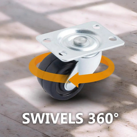 Kick Butt Premium Heavy Duty Rubber Swivel Casters 1-1/2 Inch 12 Pack Low Profile Plate Wheels showing 360-degree swivel action.