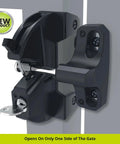 Hassle Free Outdoor Gate Latch That Locks On One Side For Square Frame Posts Across Metal Wood Vinyl Fences With No Sweat Install And Rock Solid Security In Black Finish. Close-up view of black latch installed on square post.