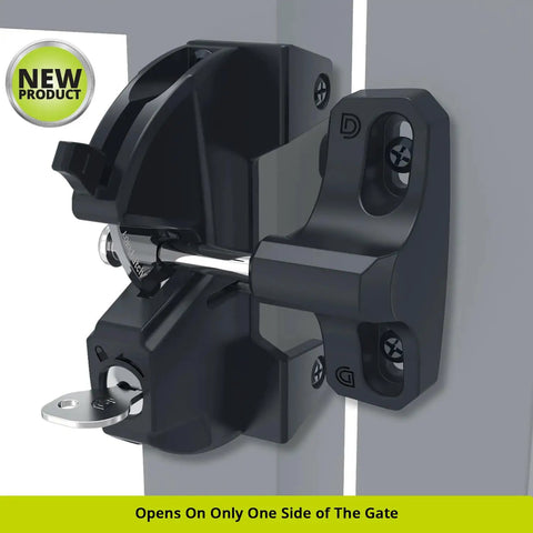 Hassle Free Outdoor Gate Latch That Locks On One Side For Square Frame Posts Across Metal Wood Vinyl Fences With No Sweat Install And Rock Solid Security In Black Finish. Close-up view of black latch installed on square post.