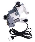 Premium Washer Drain Pump Assembly Plug And Play Replacement Motor direct bolt install, view showing inlets, motor, and wiring.