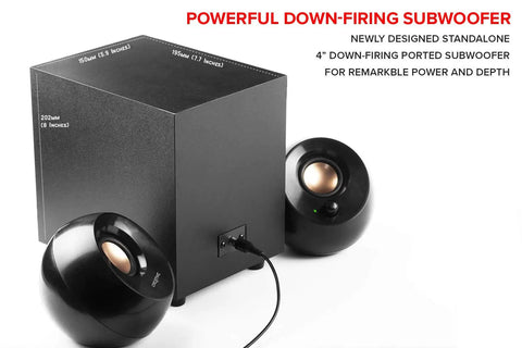 2 Point 1 USB Powered Desktop Speakers With Dope 4 Inch Down Firing Subwoofer and 2 Inch Far Field Midrange Drivers in black setup