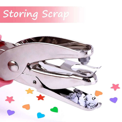 Dual Shape One Quarter Inch Star And Heart Hole Punch Handheld Paper Craft Puncher With Pink Soft Grip Handle shown cutting shapes.
