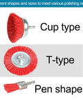 Cup, T-type, and pen shape brushes from 10 Pack Nylon Filament Abrasive Wire Brush Wheel And Cup Brush Set With One Quarter Inch Hex Shank.