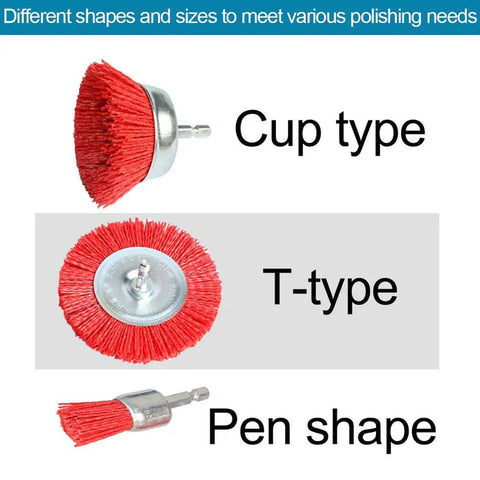 Cup, T-type, and pen shape brushes from 10 Pack Nylon Filament Abrasive Wire Brush Wheel And Cup Brush Set With One Quarter Inch Hex Shank.