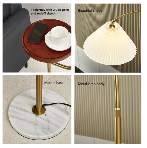 Floor Lamp With Integrated Table Tray And Dual USB Ports Long Arm Reading Light For Bedroom Living Room Or Office Gold Finish