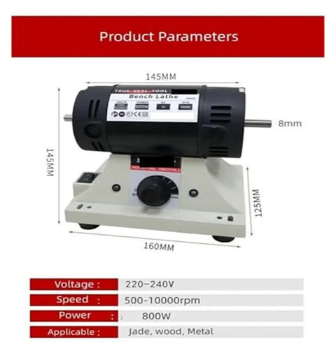 Heavy Duty 800W Bench Grinder Stone Polishing Machine With Flexible Shaft Handle showing dimensions and specifications.