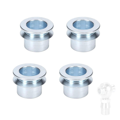 High Misalignment Spacer Heim Joint Five Eighths To One Half Inch Bore Adapter For Rod Ends 4 Pack Durable 1045 Carbon Steel With Silver Zinc Plating Ideal For Off Road Racing And Heavy Duty Linkage, four spacers shown