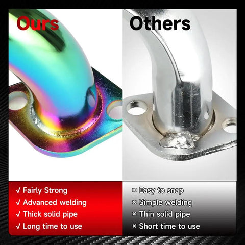 Comparison of two exhaust pipes, left shows colorful finish for Exhaust Pipe Kit For Predator 212cc And 196cc OHV Clones, right is plain metal.