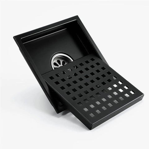 6 Inch Square Stainless Steel Shower Floor Drain With Removable Grate Anti Clog Hair Catcher Heavy Duty Brushed Finish Bathroom Drain Cover showing open grate design.