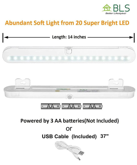 Lit Ultra Bright 20 LED Closet Light Set With Motion Sensor and accessories displayed, 14-inch panel