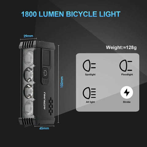 Ultra Hella Bright USB Rechargeable Bike Light With LCD Battery Display, 1800 Lumens, Waterproof MTB Headlight with dimensions