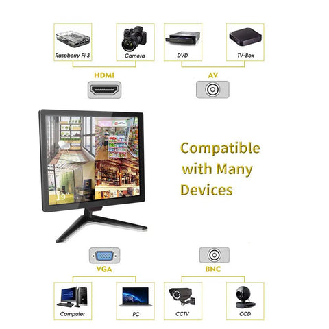 15 Inch CCTV Monitor For Home Security Systems With BNC VGA HDMI LCD Display showing device compatibility and indoor screen view