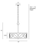 Eloise 16 Inch 3 Light Modern Pendant Light Chandelier With Designer Drum Shade And Glass Diffuser, adjustable height diagram