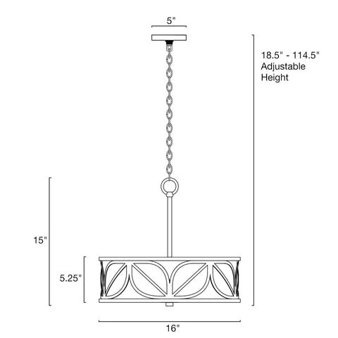 Eloise 16 Inch 3 Light Modern Pendant Light Chandelier With Designer Drum Shade And Glass Diffuser, adjustable height diagram