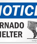 Heavy Duty Tornado Shelter Notice Board Seven X Ten Inches Premium Hdpe Plastic blue text on white with tornado graphic.