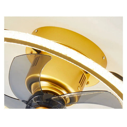 POJGVU Smart Ceiling Fans Wih Lights, 3 Color Dimmable 360 Degree Oscillating Head with Bluetooth Speaker Ceiling Fan Pendant Light close-up of gold motor and blades